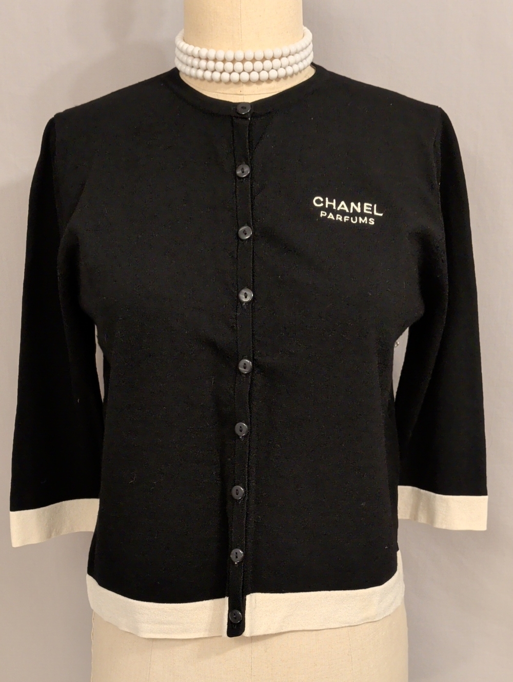 CHANEL Parfums Cardigan Black & Cream Knit Sweater 3/4 Sleeves Embroidered Logo